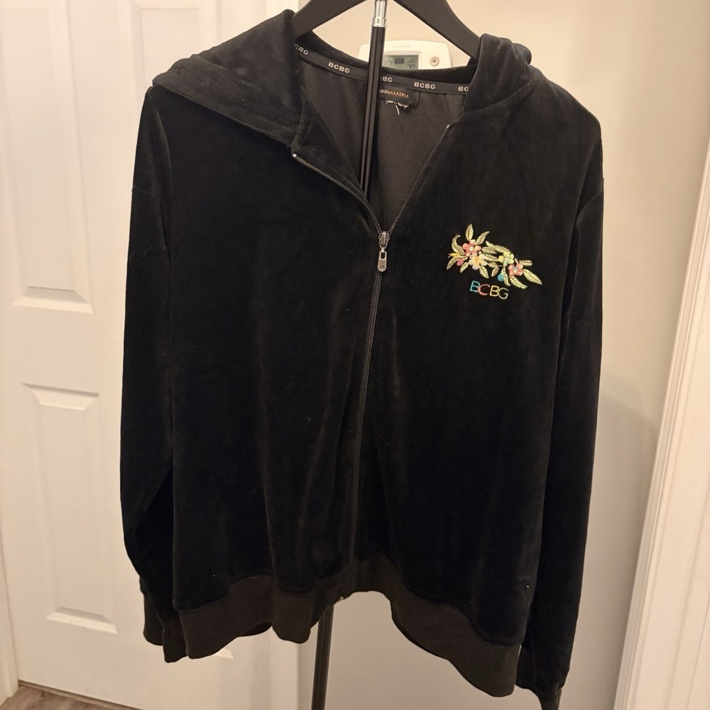 BCBG Floral Peacock Black Velour Zip Up Hoodie Sequin Embroidered XL No Size Tag